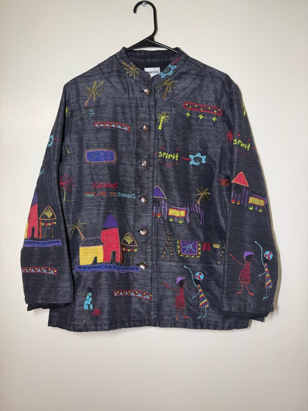 Chico's Dark Gray Folk Art School Embroidered Multicolor Button-Up Jacket